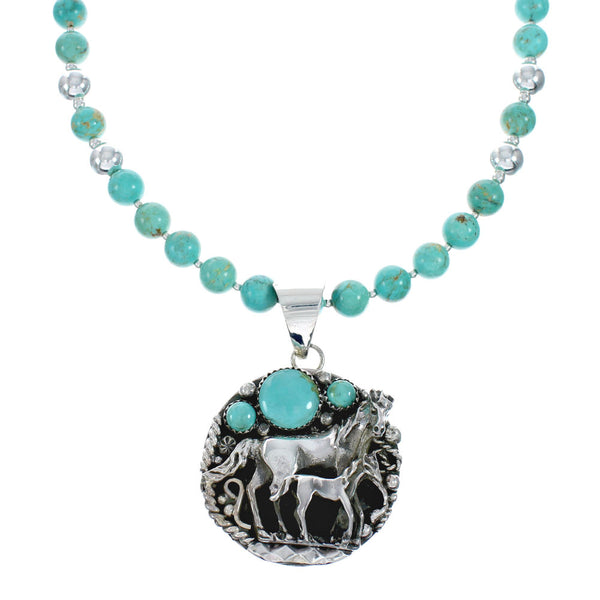 Navajo Turquoise Sterling Silver Bead Necklace And Pendant Set X11192